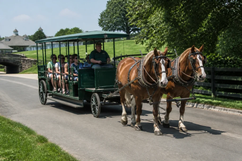 Horse-drawn trolley traveling through Kentucky Horse Park
